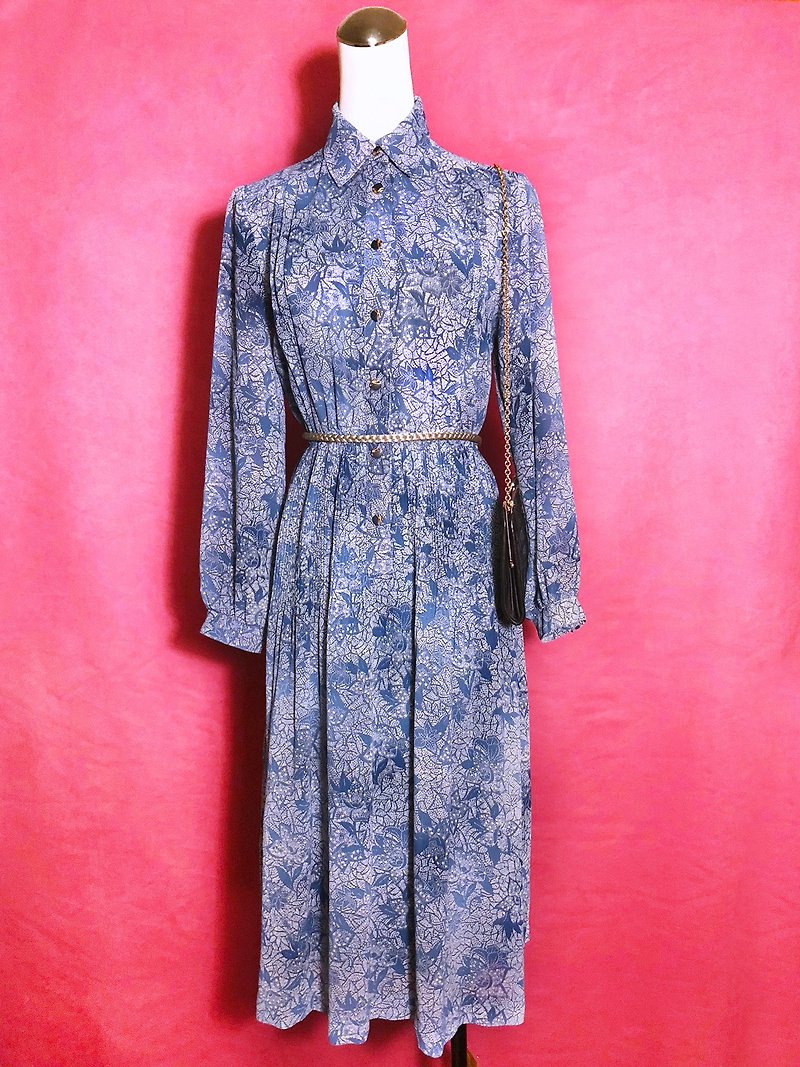 花朵暈染雪紡長袖古著洋裝 / 國外帶回 VINTAGE - 連身裙 - 聚酯纖維 藍色