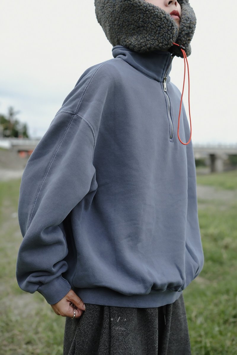 Washed Rock Stand Collar Zip Top - 2 Colors - Washed Blue - Women's Tops - Cotton & Hemp Blue