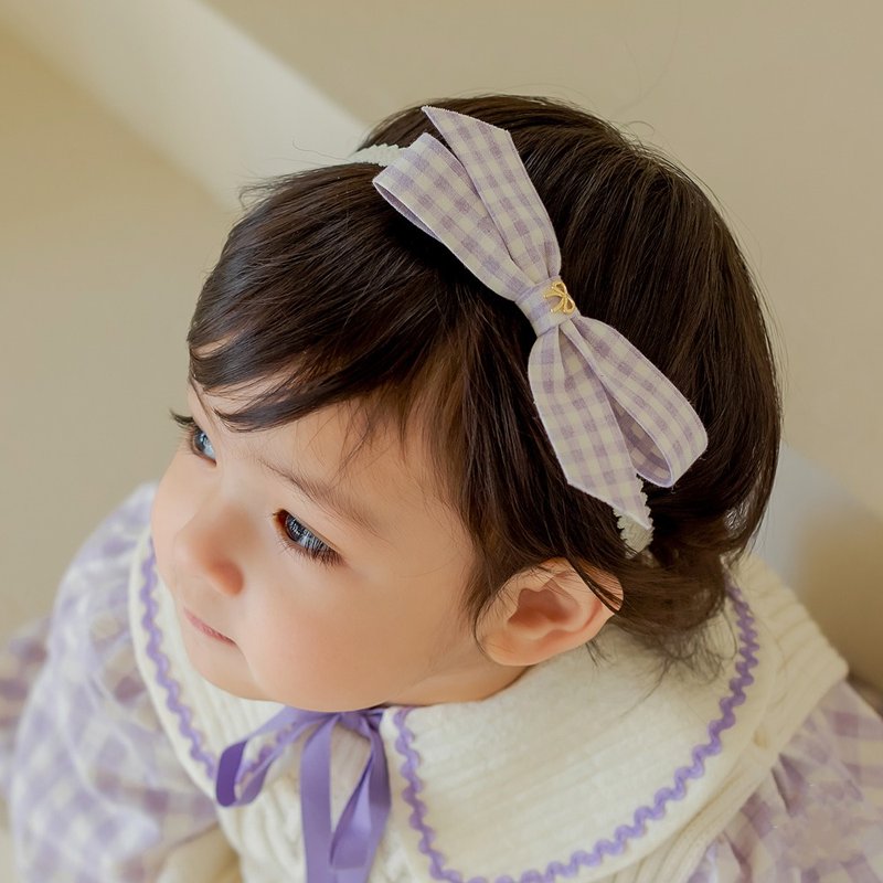 Happy Prince 韓國製 Elice粉紫格紋蝴蝶結女嬰兒童髮帶 - 嬰兒帽子/髮帶 - 棉．麻 紫色