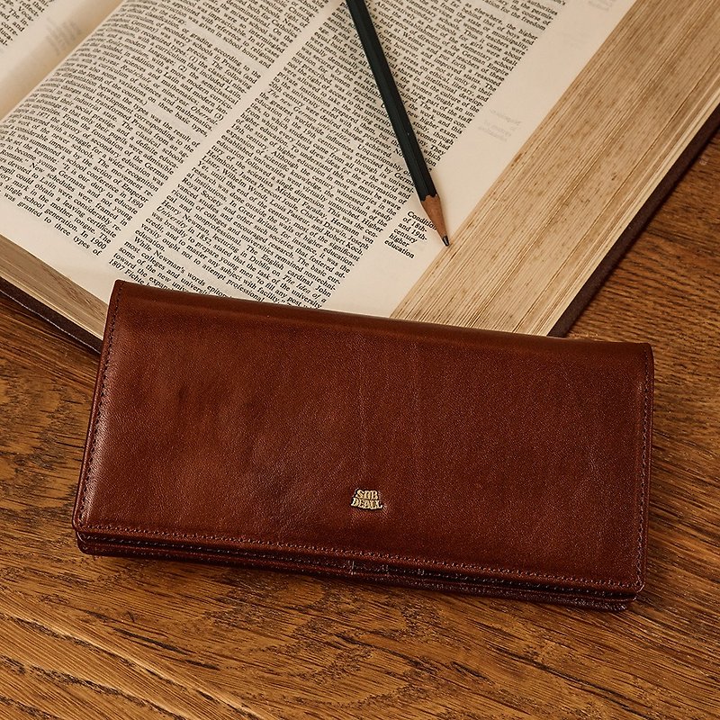 【SOBDEALL】Vegetable tanned leather genuine leather simple long clip (with change storage) - Wallets - Genuine Leather Brown