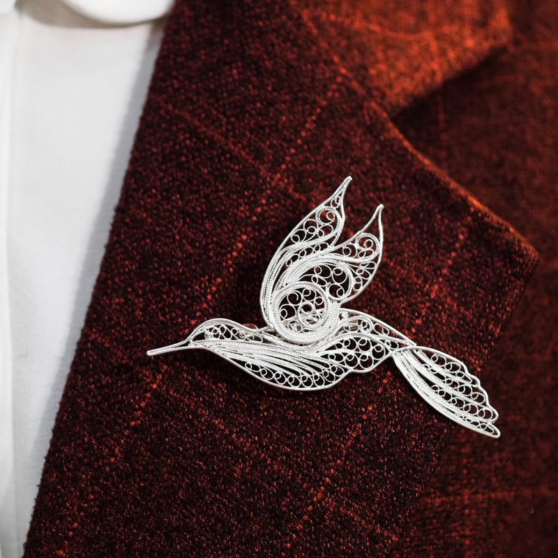 Hummingbird Floral Lapel Accessories Silver Filigree AG999 | Jewelry Art Studio - 胸針 - 銀 銀色
