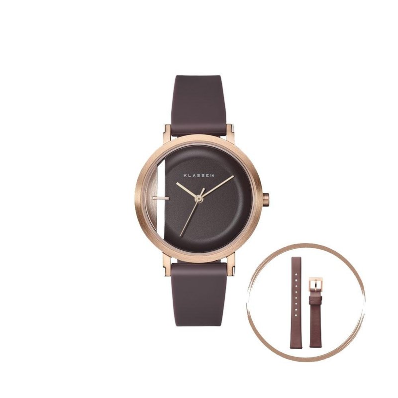 Imperfect Line 玫瑰金棕色矽膠錶帶手錶 32mm - 贈送同款皮革 - 女錶 - 不鏽鋼 金色