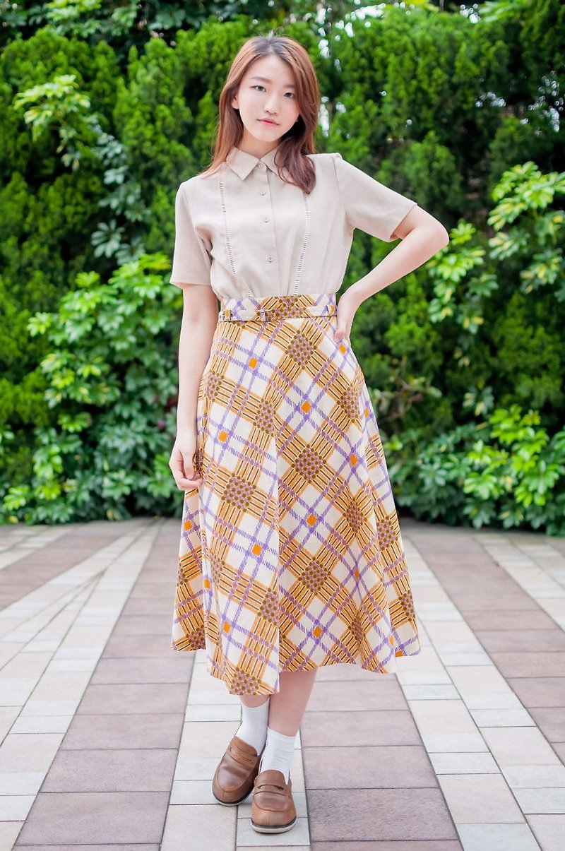 Vintage / Golden Yellow Checkered Skirt with Belt - Skirts - Other Materials Orange