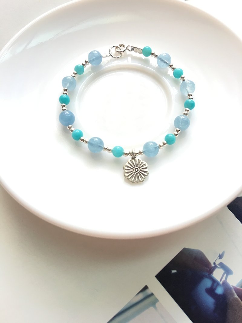 Ops Aquamarine Amazonite flower Gemstone Silver sky blue gift  bracelet - สร้อยข้อมือ - เครื่องเพชรพลอย สีน้ำเงิน