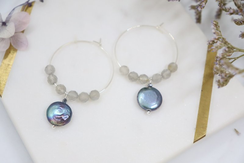 Iridescent Labradorite and Pearl Silver Hoop Earrings Healing Gemstone Jewelry - Earrings & Clip-ons - Silver 