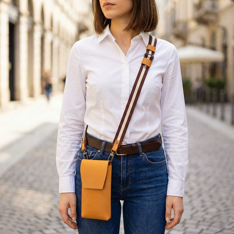 COZI - 100% Veg-Tanned Leather CrossBody Phone Pouch w/stripped shoulder strap - Phone Cases - Genuine Leather Brown