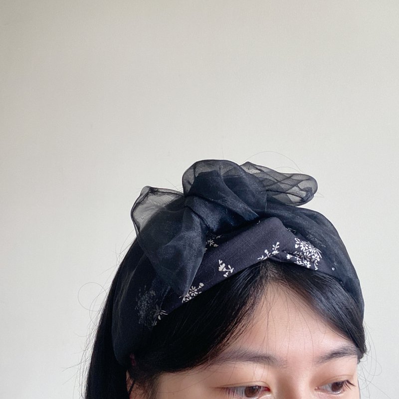 Floral Japanese floret organza black multi-layer wide version headband ggoomstudio - Headbands - Cotton & Hemp Black