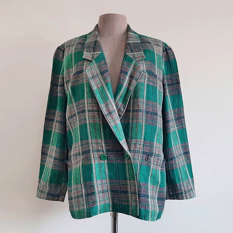 Large Vintage Green Plaid Jacket Womens Linen Blazer Double Breasted Jacket L - 女西裝外套 - 棉．麻 綠色
