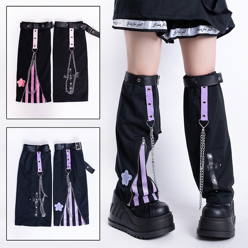 Hover to zoom Yabi Preppy punk Y2K star embroidery belted Striped leg warmers - Socks - Cotton & Hemp 