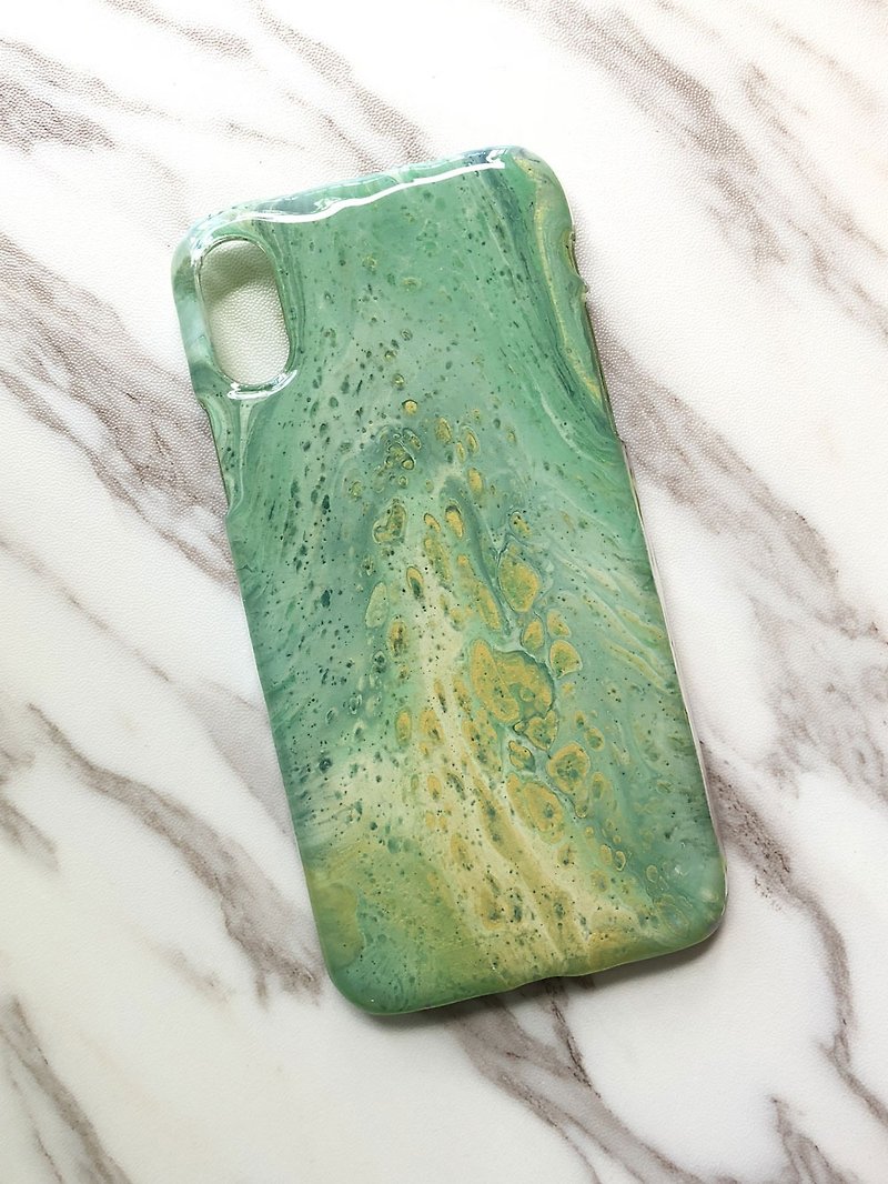 OOAK hand-painted phone case, only one available, Handmade marble IPhone case - เคส/ซองมือถือ - พลาสติก สีเขียว