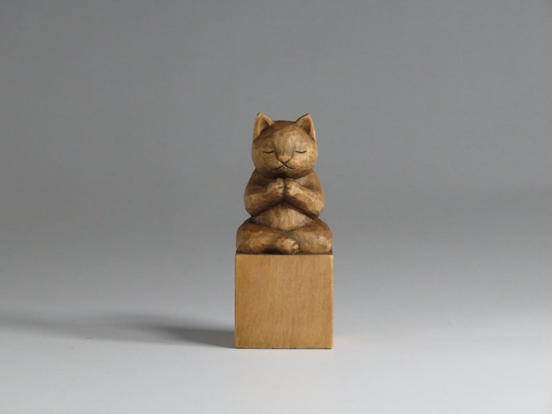木彫りの合掌ねこ　猫仏さまA1220 - 置物 - 木製 ブラウン