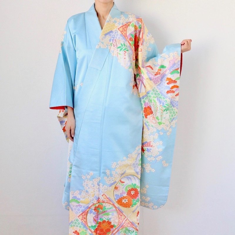 embroidered Furisode, maxi kimono, Japanese kimono, wedding kimono /3227 - Evening Dresses & Gowns - Silk Blue