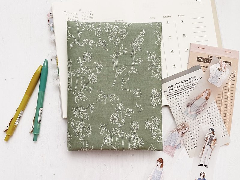 hairmo white thread flower handmade book jacket/book cover-green (notebook/diary/handbook) - ปกหนังสือ - ผ้าฝ้าย/ผ้าลินิน สีเขียว