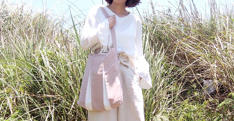 Morandi color powder cotton and linen cool sensation bag ( shoulder / side / portable three) - Messenger Bags & Sling Bags - Cotton & Hemp Pink