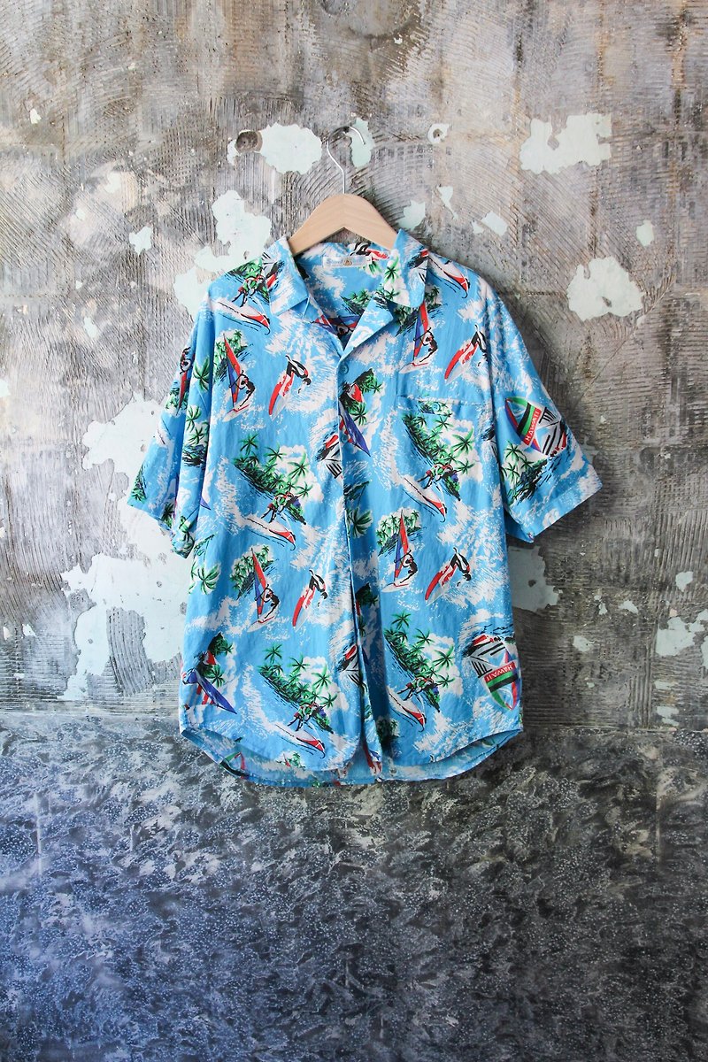 Curly Department Store-Vintage Blue Surf Print Hawaiian Shirt Retro - Women's Shirts - Cotton & Hemp 