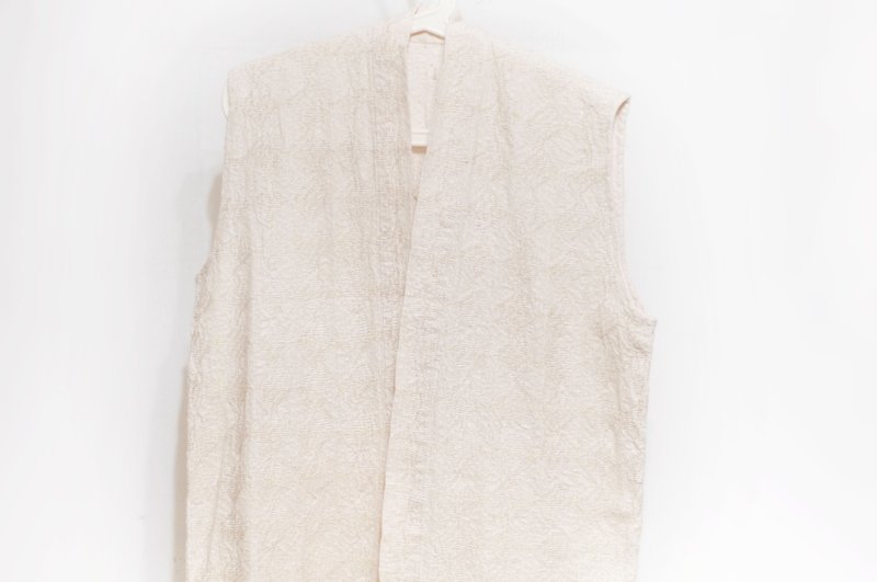 無染色刺繡背心罩衫 有機純棉麻手繡外套 手織布長版刺子繡-幾何 - 背心/無袖上衣 - 棉．麻 白色