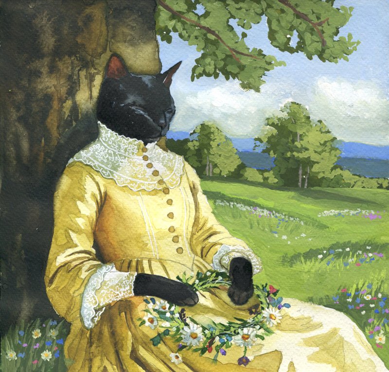 Vintage watercolor cat portrait - 壁貼/牆壁裝飾 - 紙 綠色