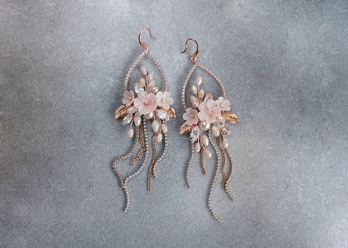 Kamael Shine Powder pink floral earrings, Bridal flower pearl jewelry, Cherry blossom jewel