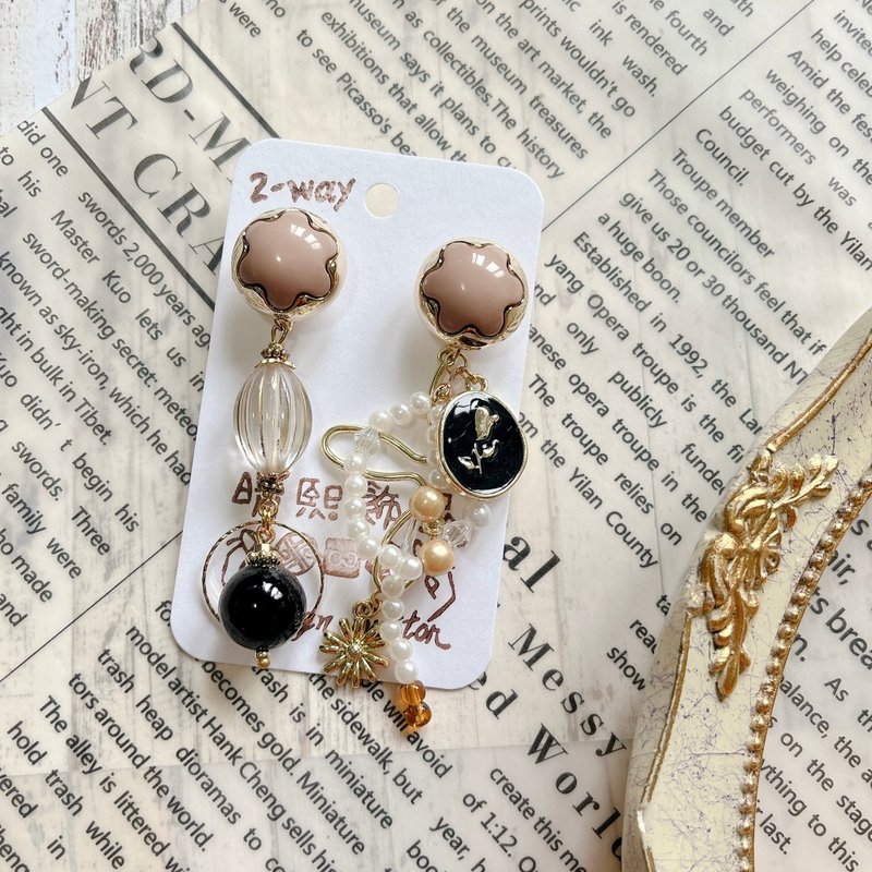 wow Handmade-情書 刺繡緞帶 2way鈕扣耳環 - 耳環/耳夾/耳骨夾 - 其他材質 