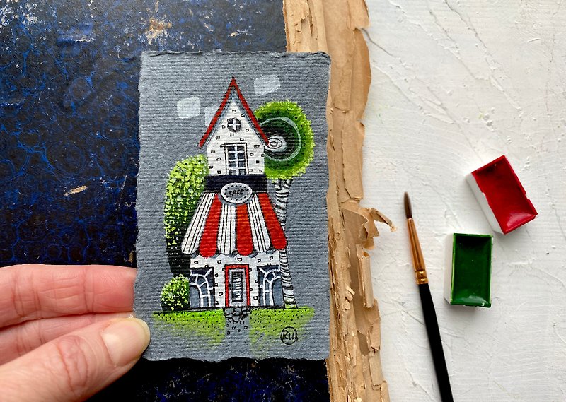 Cafe house Mini Original art Miniature watercolor on handmade paper by Rubinova - โปสเตอร์ - กระดาษ หลากหลายสี