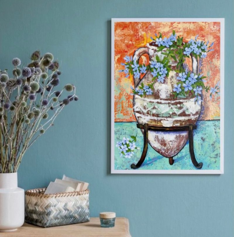 Old Amphora with blue flowers, Vintage vase, Original painting, Canvas, Wall dec - Wall Décor - Other Materials Orange