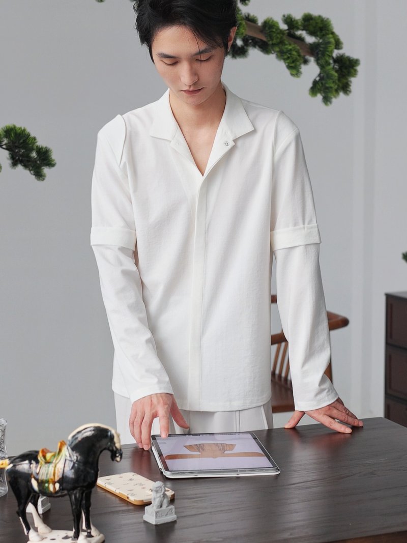 Luanshanhun new Chinese style light national style original lapel or high collar detachable long sleeve five-point short sleeve shirt summer - เสื้อเชิ้ตผู้ชาย - ผ้าฝ้าย/ผ้าลินิน ขาว