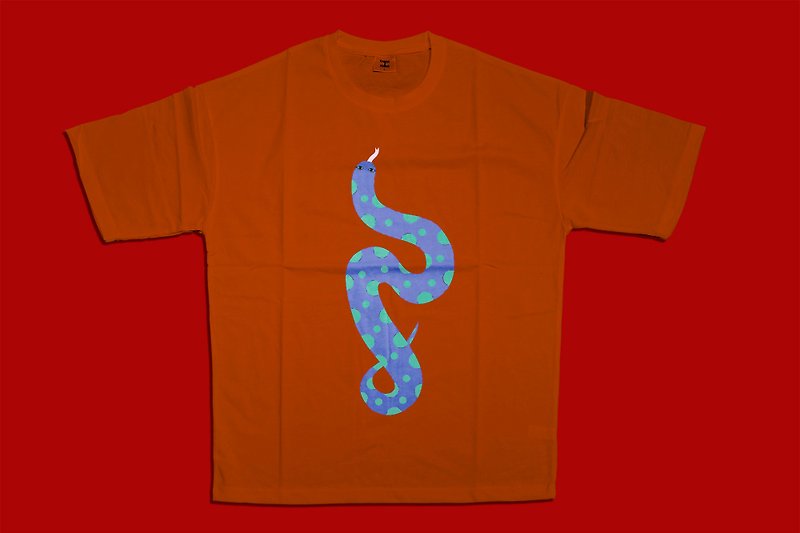 Falling shoulders five-point sleeve T-shirt-Polka Snake-Sencha color-A gentleman and B sub design - Unisex Hoodies & T-Shirts - Cotton & Hemp Brown