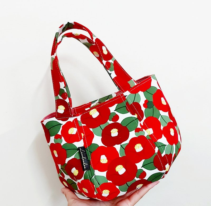 椿【かぼちゃバッグ】手作りかぼちゃ型ハンドバッグ - トートバッグ - お出かけバッグ - ギフト/ランチバッグ - トートバッグ・ハンドバッグ - コットン・麻 レッド