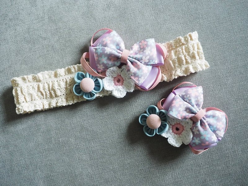 Handmade Purple ribbon bow baby/ kid Headband and hair clip set - หมวกเด็ก - ผ้าฝ้าย/ผ้าลินิน สีม่วง