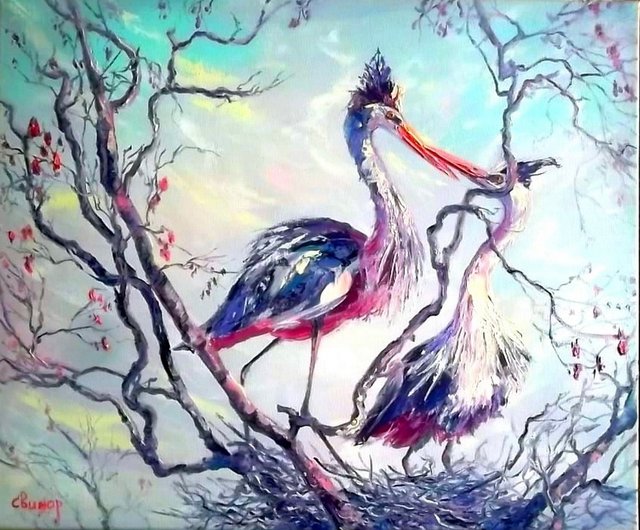 キャンバスに鳥の絵オリジナルLOVE油絵鳥アーティストSvinarOksana 