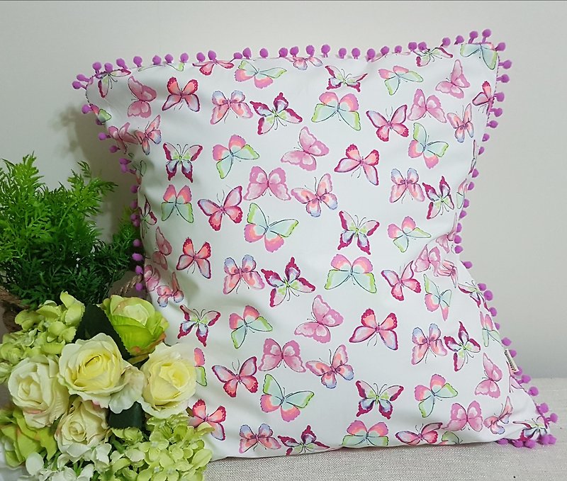 北歐風格粉紅粉桃蝴蝶圖案,粉桃紫小毛球抱枕靠枕靠墊枕套 - 枕頭/咕𠱸 - 棉．麻 透明