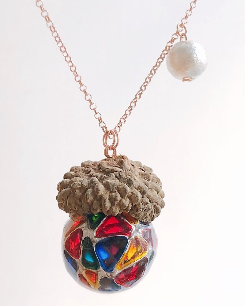 Hand-painted mosaic acorn necklace (large) - สร้อยคอ - แก้ว หลากหลายสี