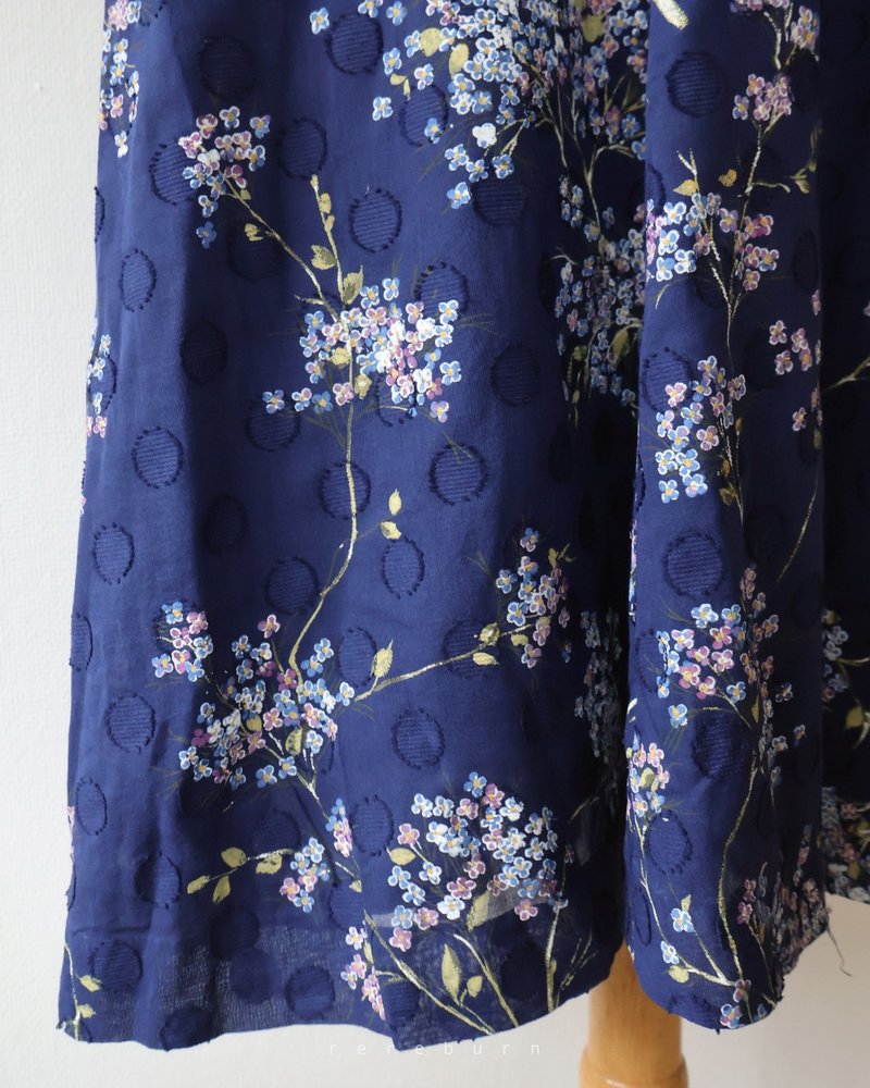 Japanese Showa style retro printed dark blue short-sleeved vintage dress - ชุดเดรส - ผ้าฝ้าย/ผ้าลินิน สีน้ำเงิน