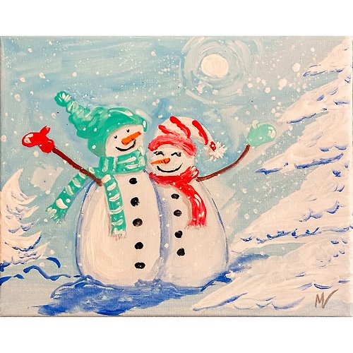 瑪格麗商店 Snow Couple Painting Snowman Christmas Original Art Acrylic Artwork by MSUSA