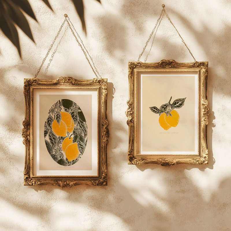 Vintage Lemon fruits Linocut print Gallery wall set of 2 Kitchen art decor - 壁貼/牆壁裝飾 - 紙 綠色