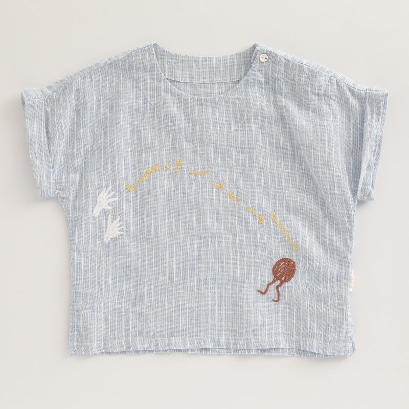 BIR 刺繡棉麻套頭衫 - 男/女童裝 - 棉．麻 藍色