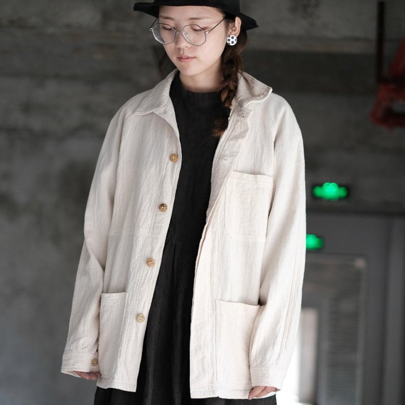 Cotton white plant dyed organic cotton retro tooling jacket neutral lapel shirt raglan sleeves men and women jacket - Women's Casual & Functional Jackets - Cotton & Hemp White