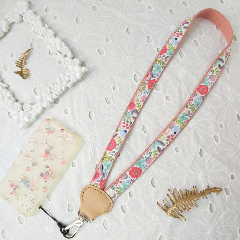 Rose pink Y-shaped decompression two-color fabric leather mobile phone neck lanyard - เชือก/สายคล้อง - ผ้าฝ้าย/ผ้าลินิน สึชมพู