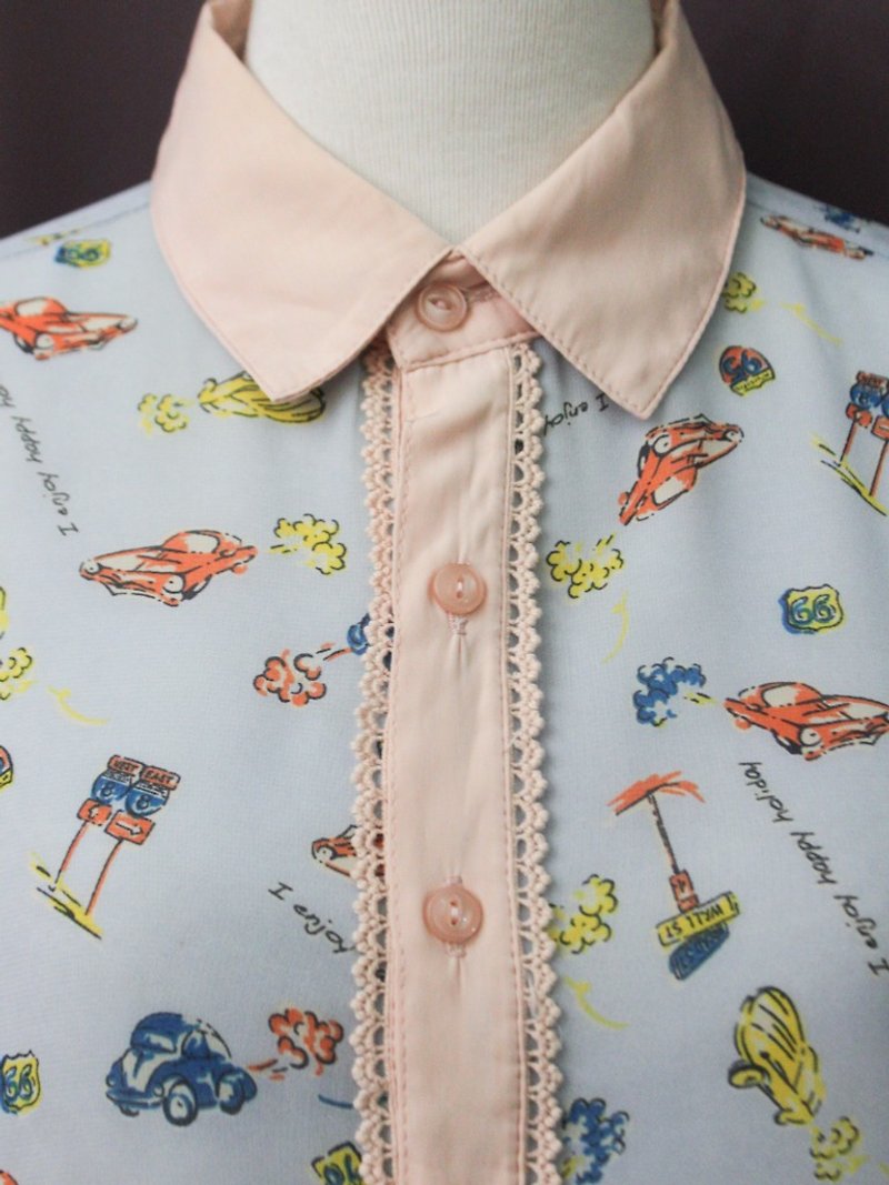 [RE1123T301] autumn and winter retro cartoon stitching collar long sleeve vintage shirt - Women's Shirts - Polyester Pink