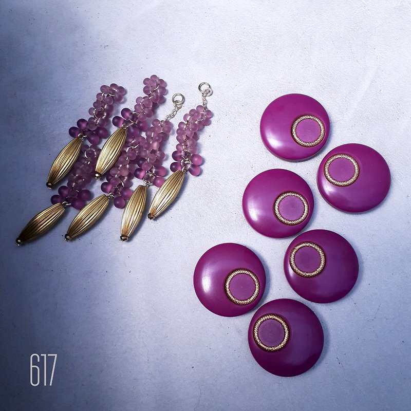 2way earrings with pink purple buttons - Earrings & Clip-ons - Plastic Purple