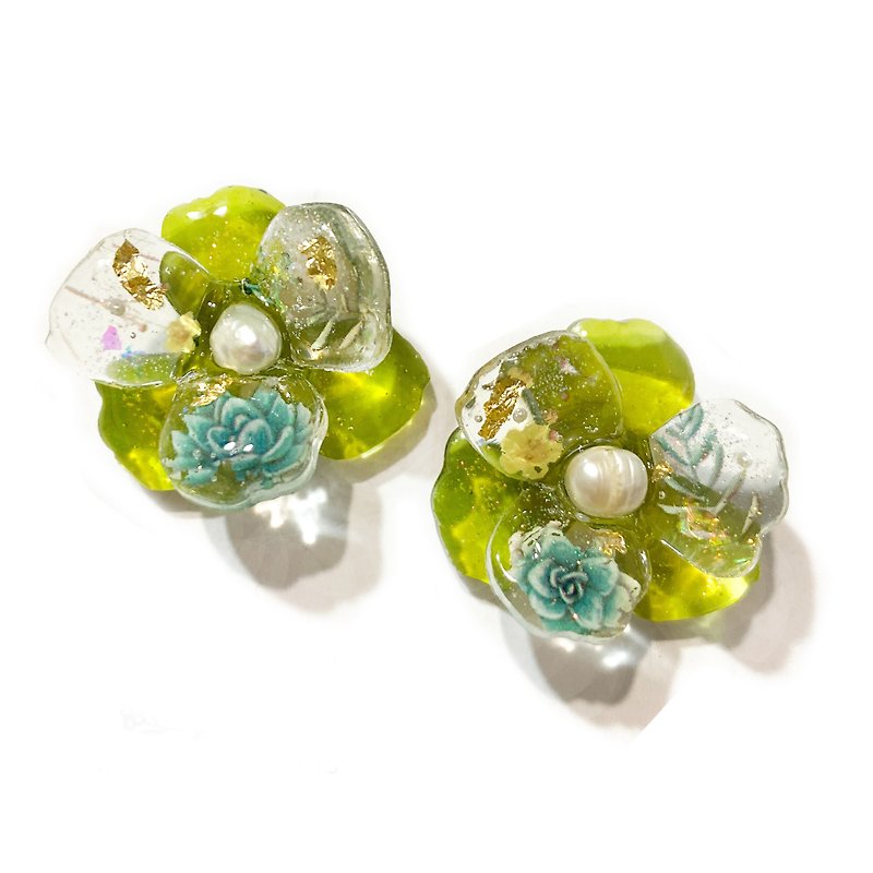 Japanese resin translucent jelly floral earrings. Ear clips