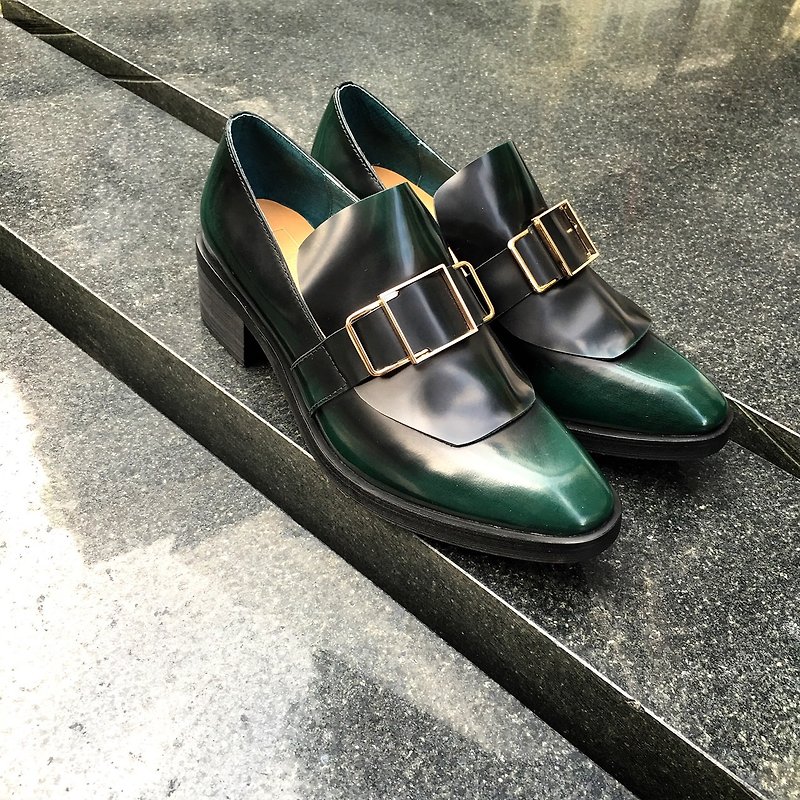 || painted children # 985 can not resist the classic gradient green X gold buckle exaggerated Carrefour |||| - Women's Oxford Shoes - Genuine Leather Green