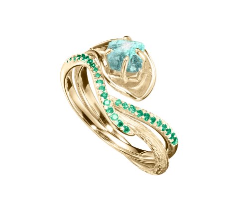 Majade Jewelry Design 海藍寶14k祖母綠馬蹄蓮結婚戒指組合 海芋花原石密鑲求婚戒指套裝