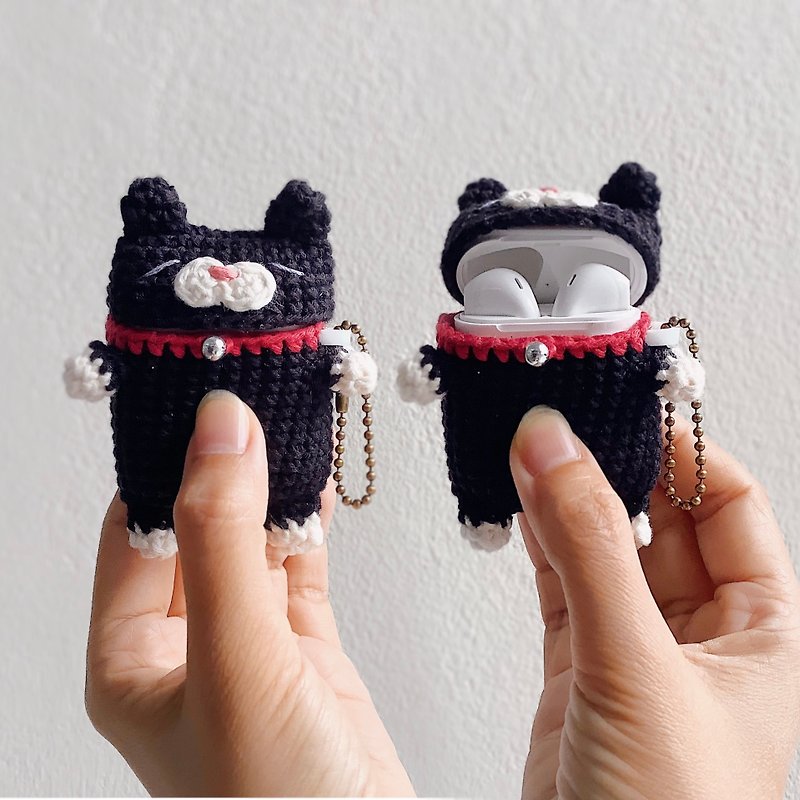 Airpods 1/2 Crochet with Silicone Case | Black Cat | Cute Case, airpods 2 保護套 - Headphones & Earbuds Storage - Cotton & Hemp Black