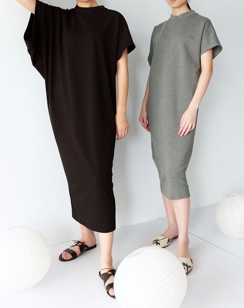 Kimono proportion sleeve cotton gray ocean - ชุดเดรส - ผ้าฝ้าย/ผ้าลินิน สีดำ