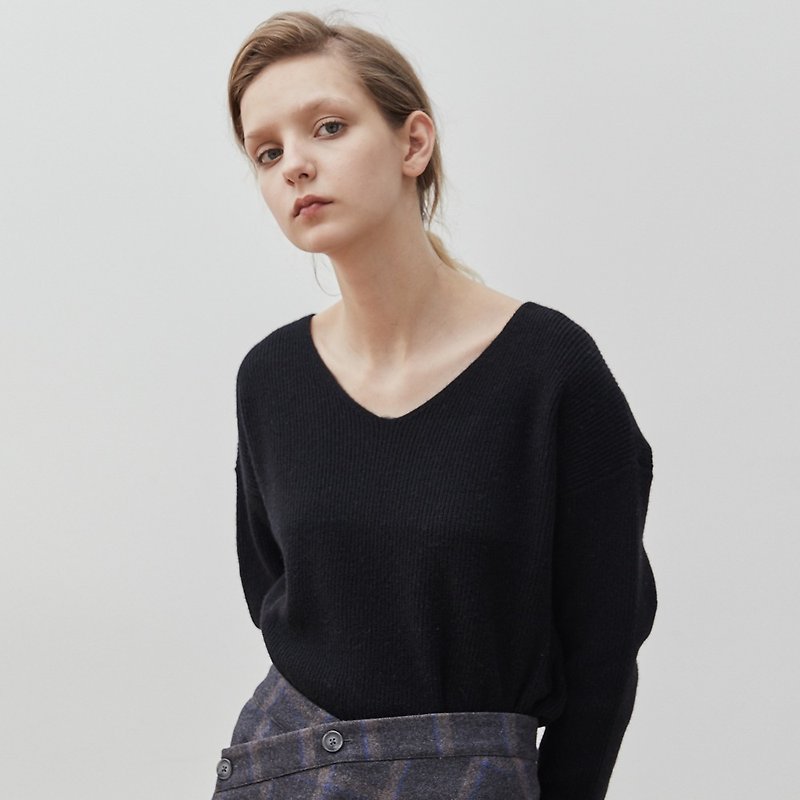 Black 3 color fine cashmere wool blend sweater V-neck vertical stripes slim loose loose sweater - สเวตเตอร์ผู้หญิง - ขนแกะ สีน้ำเงิน