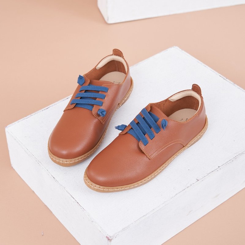 Elastic Band Round Toe Flat Casual Shoes Red Brown - รองเท้าลำลองผู้หญิง - หนังแท้ สีนำ้ตาล