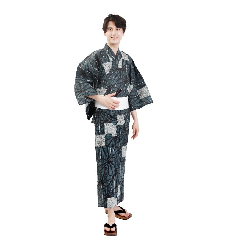 Men's cotton yukata and obi 2-piece set SML size Z32-05B yukata - Other - Cotton & Hemp Blue