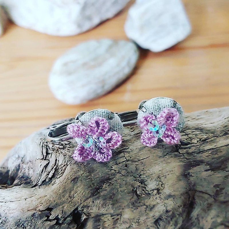 Purple three-dimensional embroidered woven earrings ear clips in the little garden - ต่างหู - งานปัก สีม่วง
