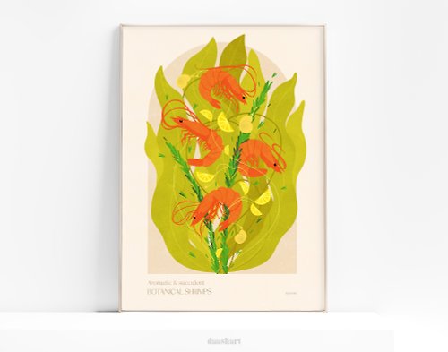 daashart 植物復古蝦海報綠色和橙色海鮮可印刷牆藝術